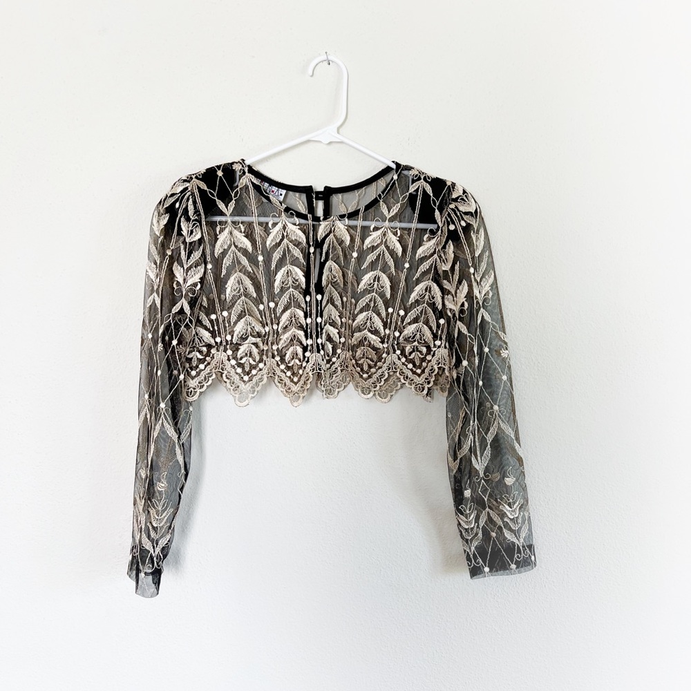 vintage 90s cropped sheer blouse dress top scalloped embroidered black leaf vine
